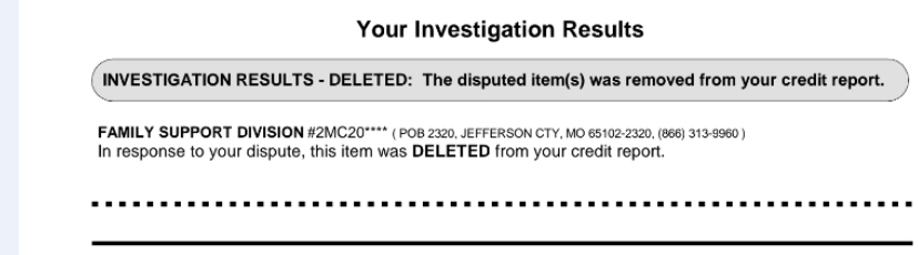 Investigation results showing a Family Support Division child support item deleted