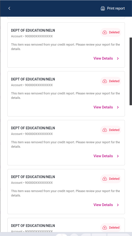 Credit report showing Department of Education student loan accounts marked deleted