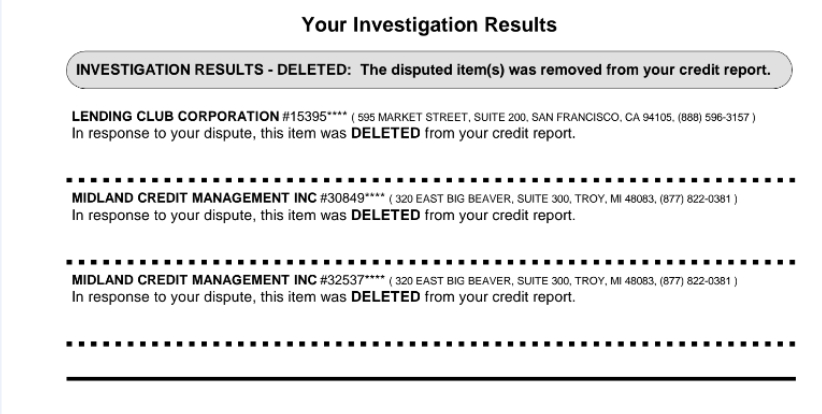 Investigation results showing Lending Club and two Midland Credit Management collections deleted