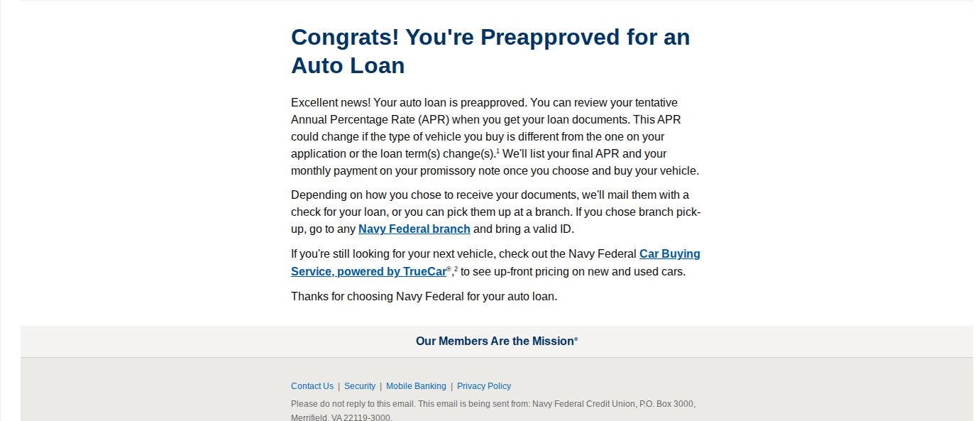 Navy Federal auto loan preapproval notice