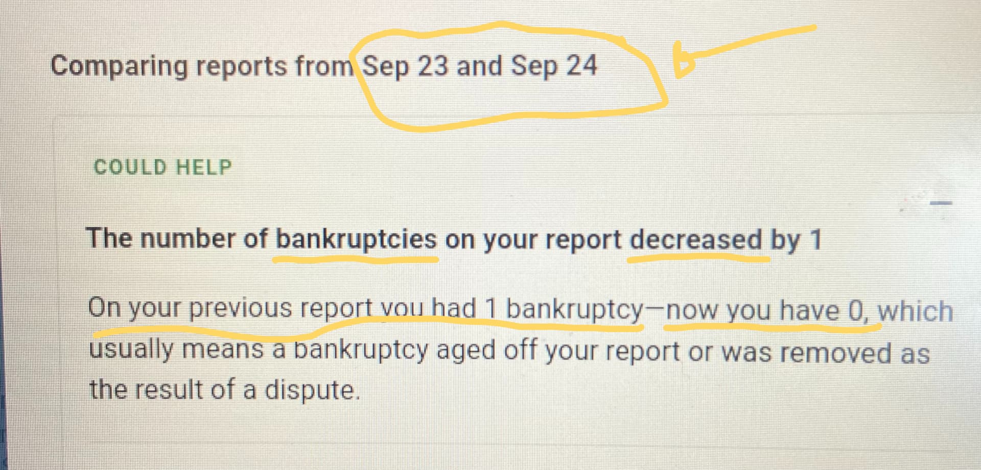Credit report comparison showing the number of bankruptcies decreased by one