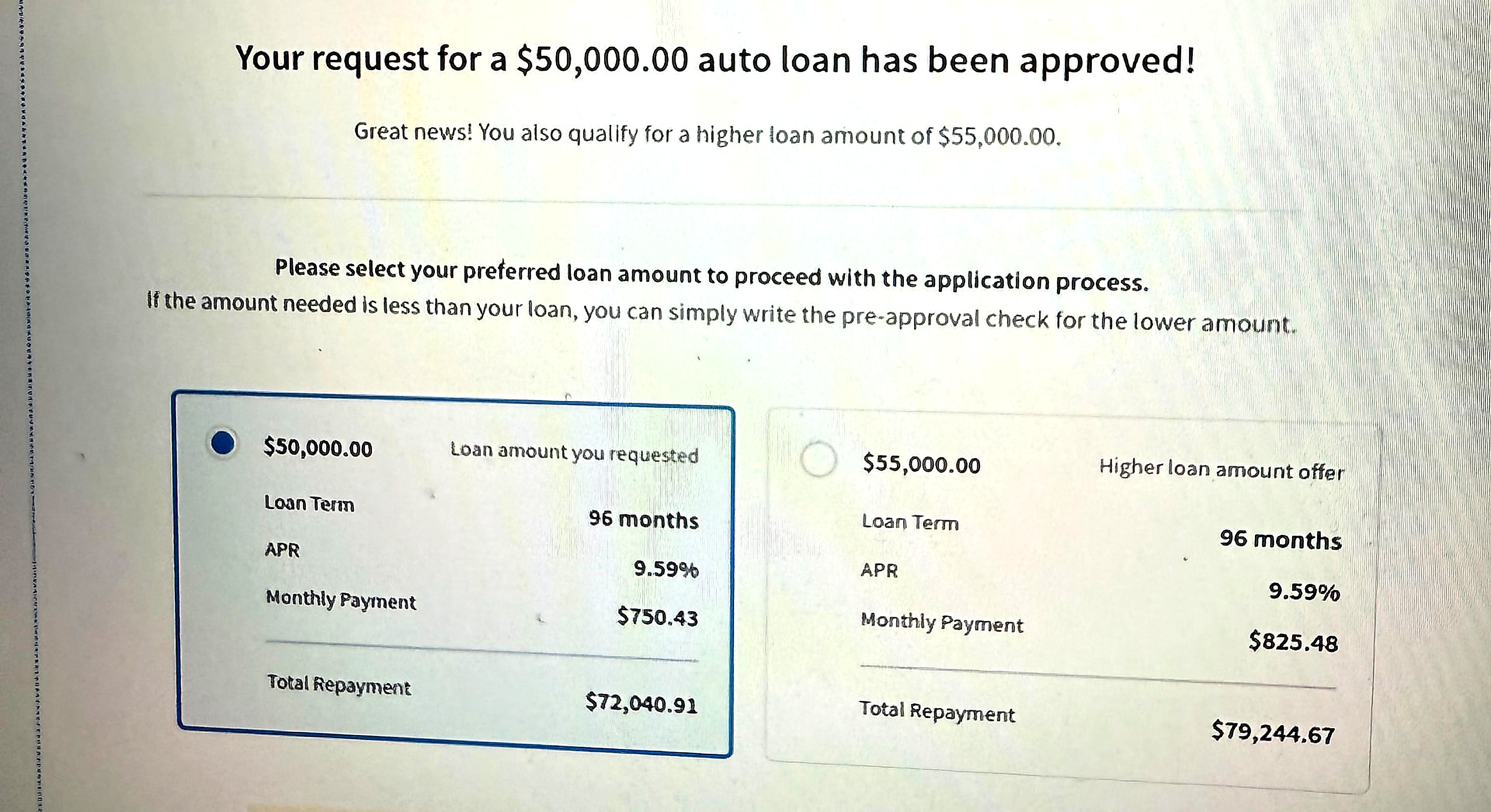 Auto loan approval for $50,000 with a higher $55,000 offer, approved in 5 days with $0 down