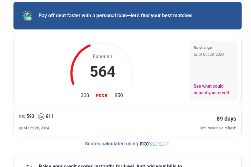 Experian score of 564 marked poor as of October 29, 2024