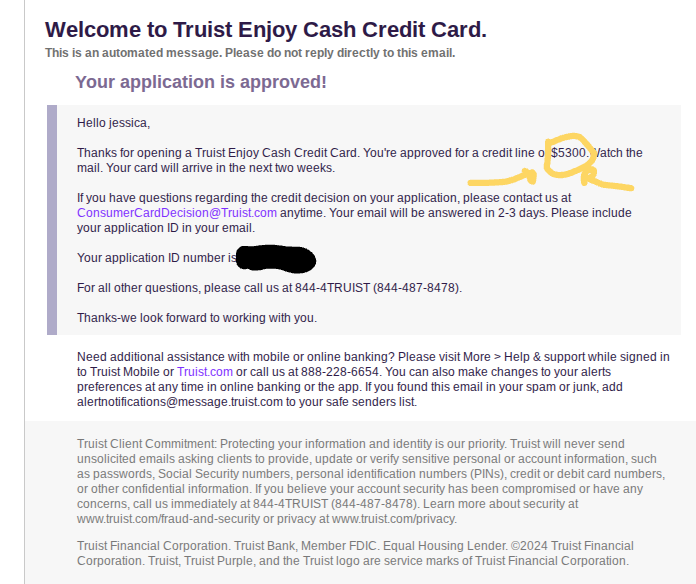 Truist Enjoy Cash credit card approval email
