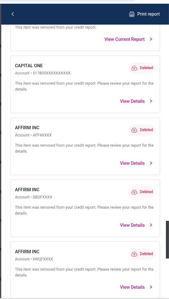 Credit report showing Capital One and Affirm accounts marked deleted