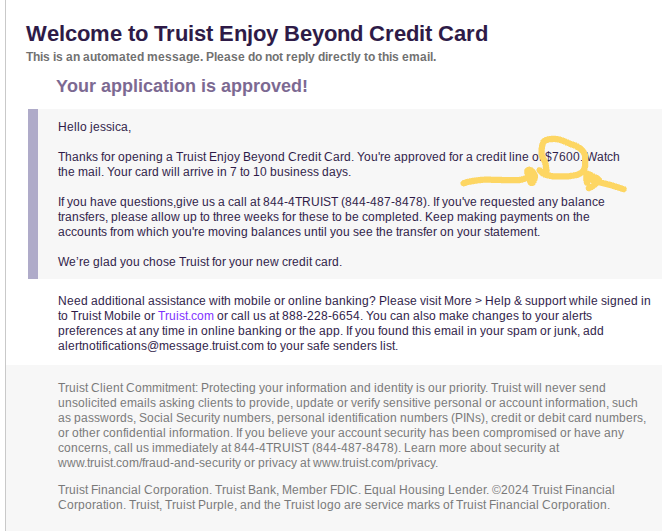 Truist Enjoy Beyond credit card approval email