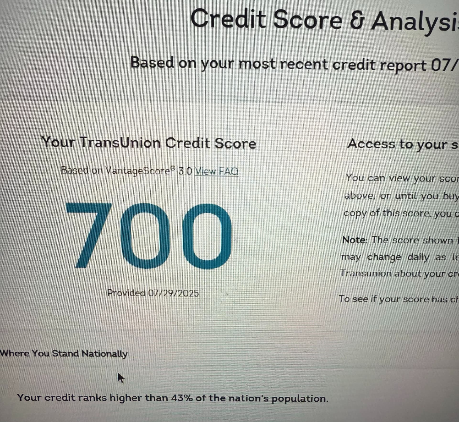 TransUnion credit score of 700 provided July 29, 2025