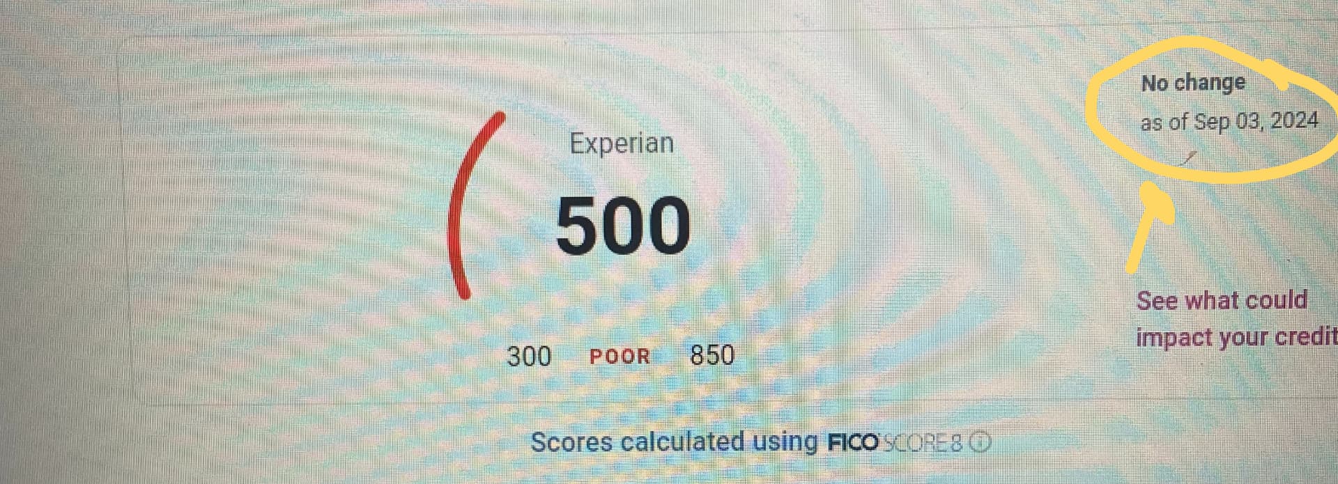 Experian FICO Score 8 of 500 marked poor as of September 3, 2024