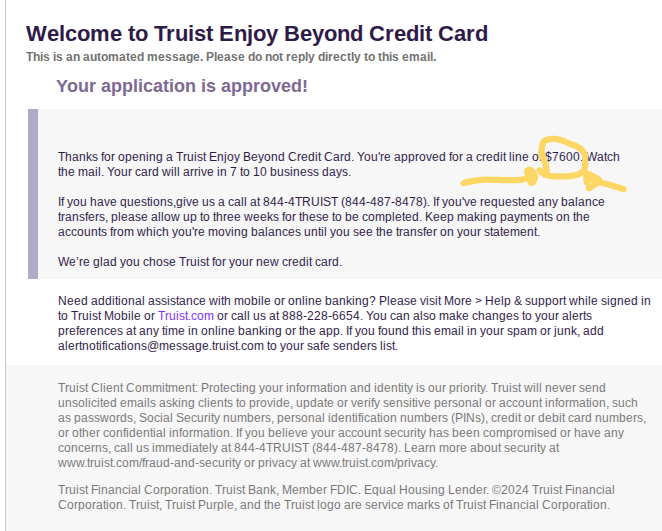Truist Enjoy Beyond credit card approval email