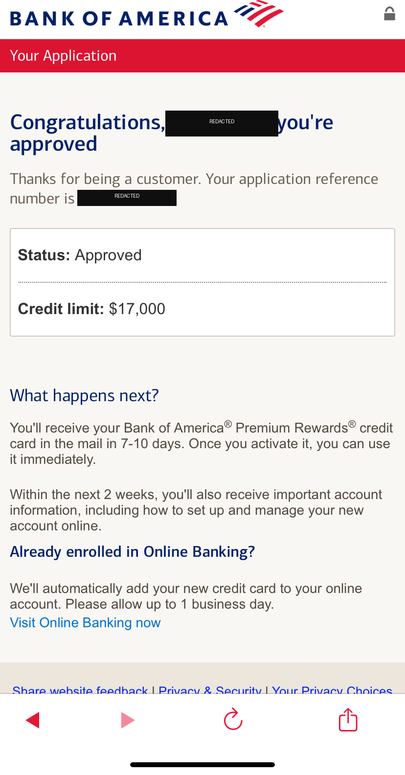 Bank of America Premium Rewards credit card approval with the customer name and application reference number blocked out