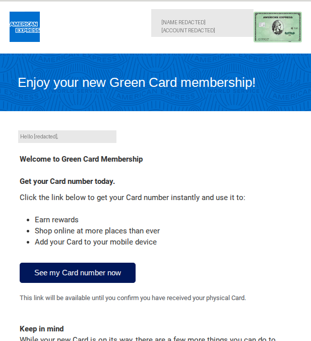 American Express Green Card membership approval email with the cardholder name and account number blocked out