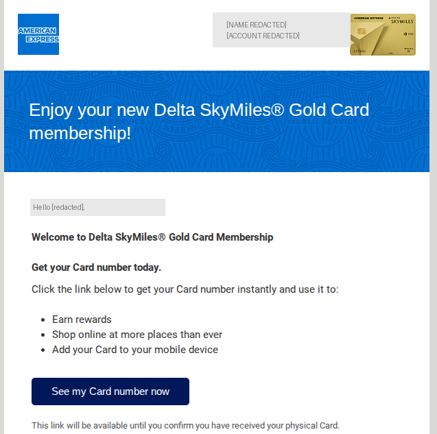 American Express Delta SkyMiles Gold Card membership approval email with the cardholder name and account number blocked out