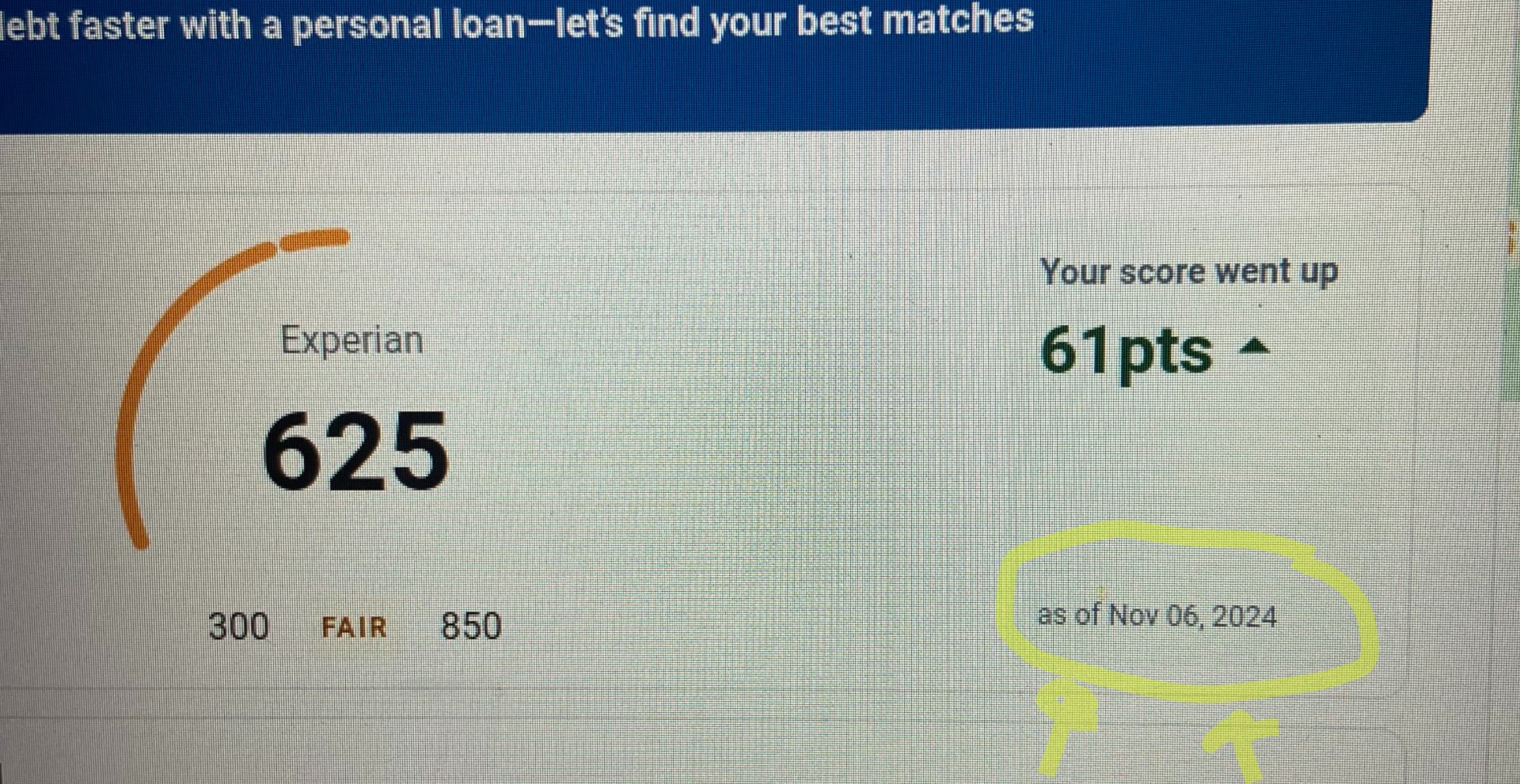 Experian score of 625 marked fair, up 61 points as of November 6, 2024