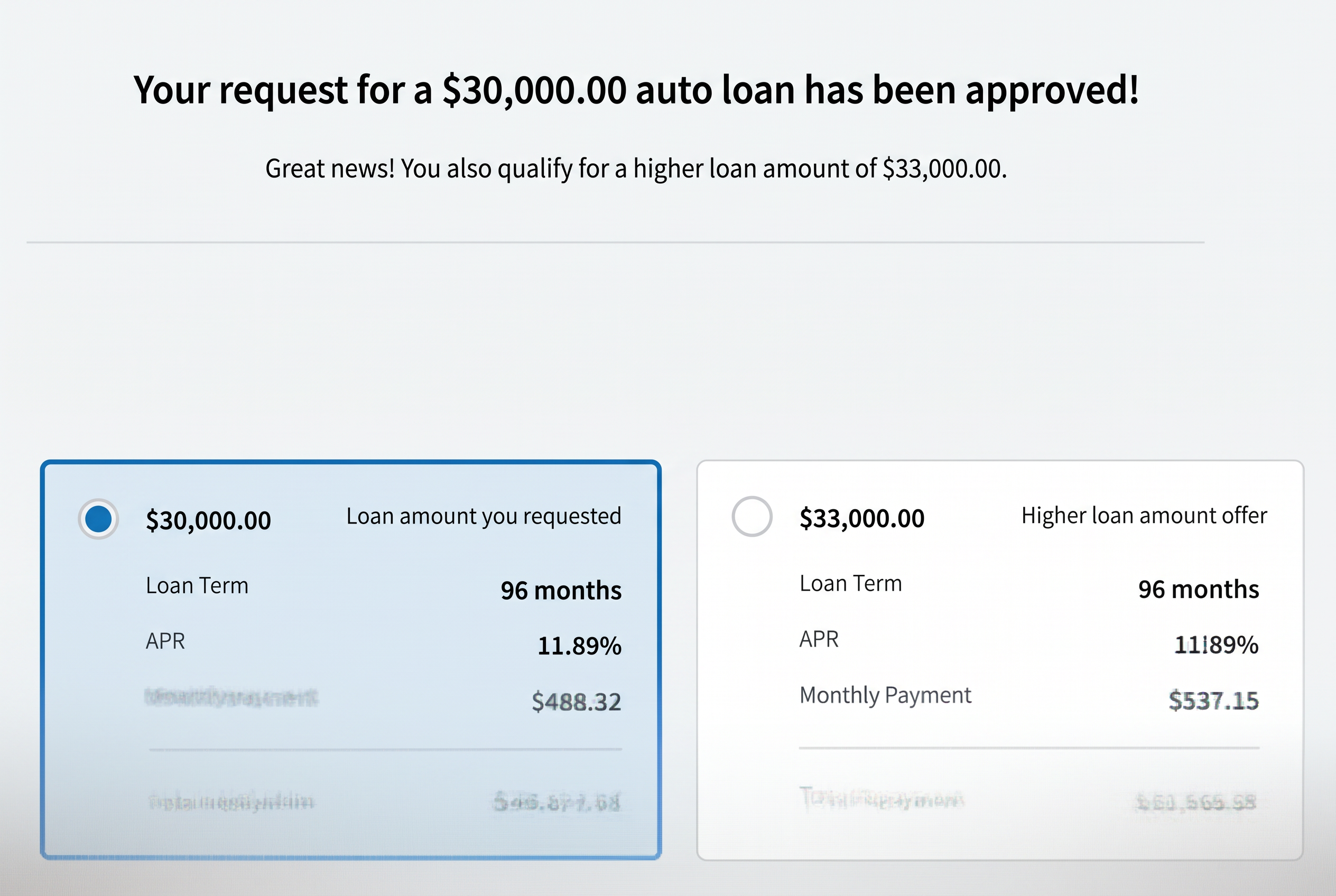 Auto loan approval for $30,000 with a higher $33,000 offer and no down payment